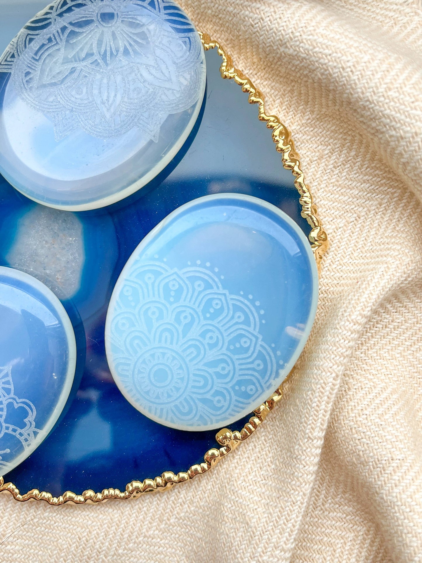 Etched Opalite Crystal Worry Stone - Assorted Mandalas