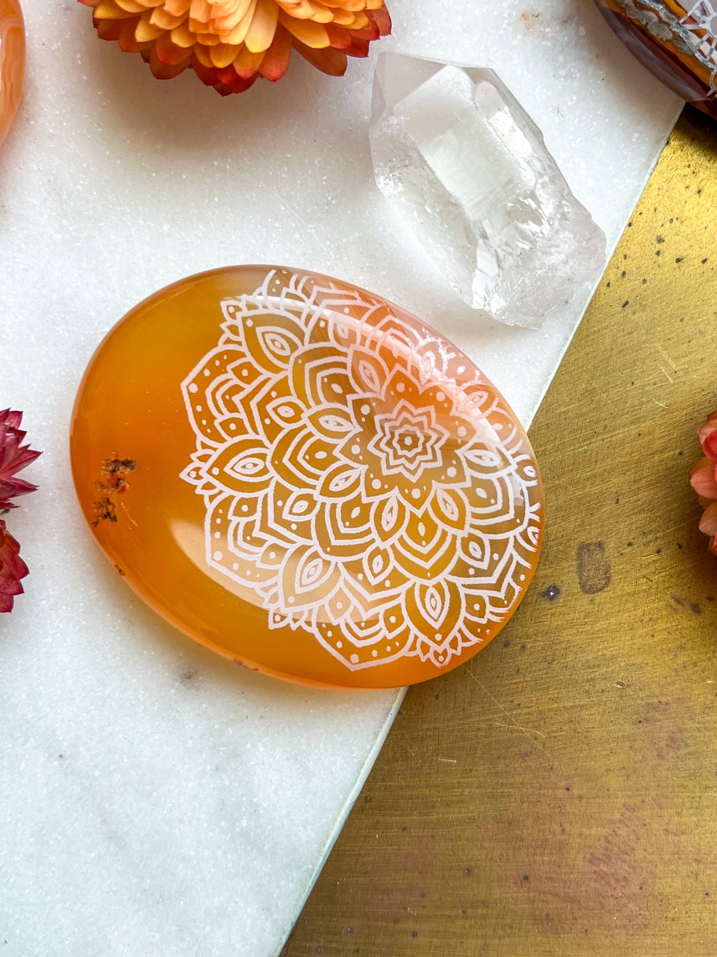 Etched Carnelian Worry Stone palmstone - Assorted Mandalas