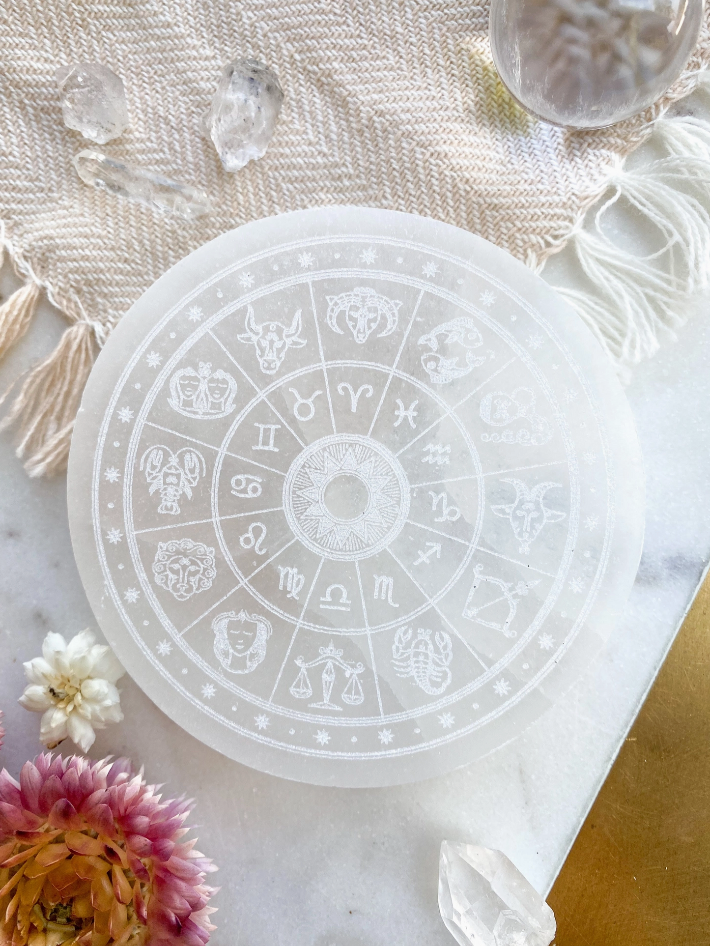 "Zodiac" Round Selenite Charging Plate Crystal Grid
