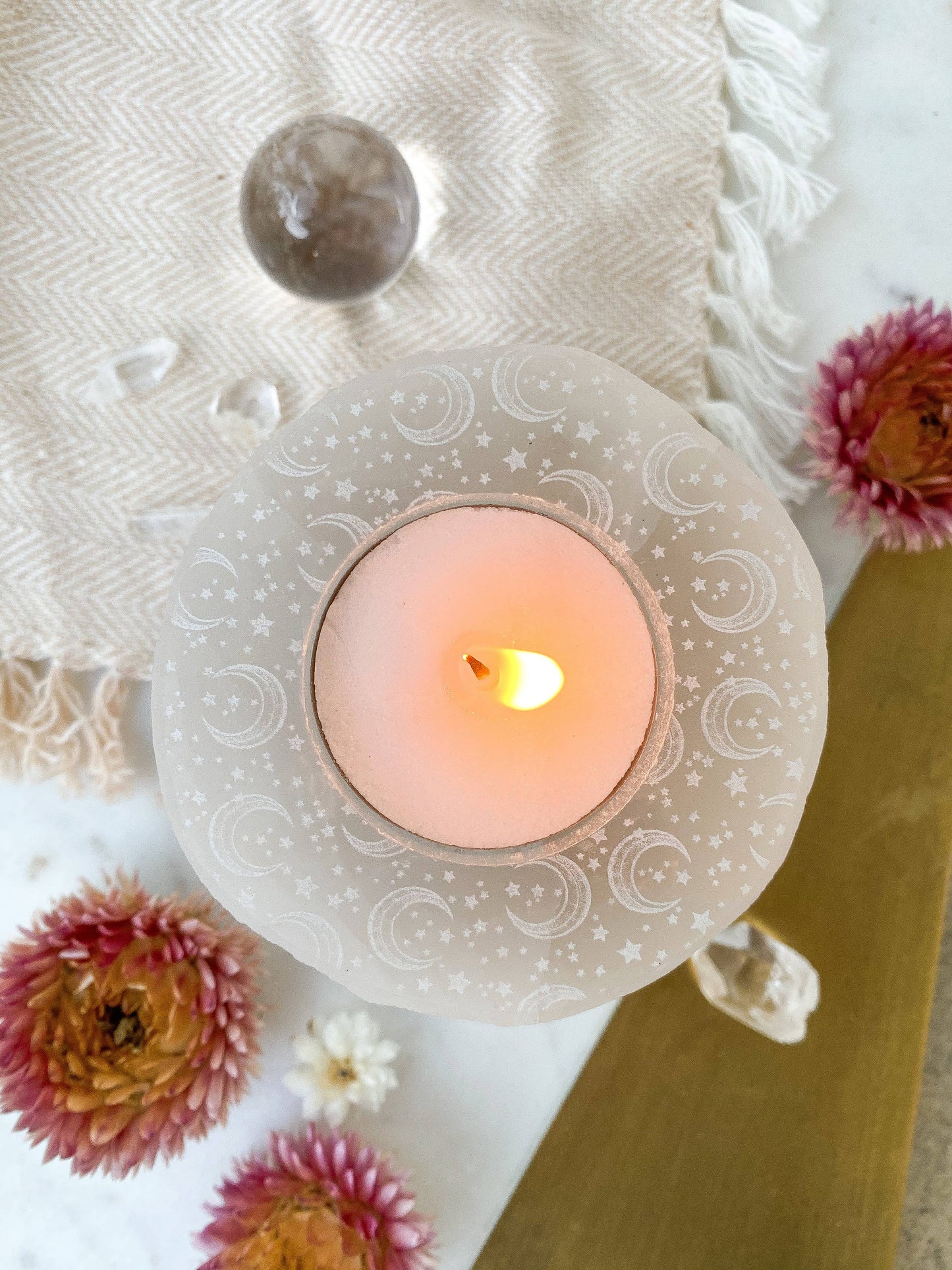 “Celestial Bodies” Round Selenite Candle Holder