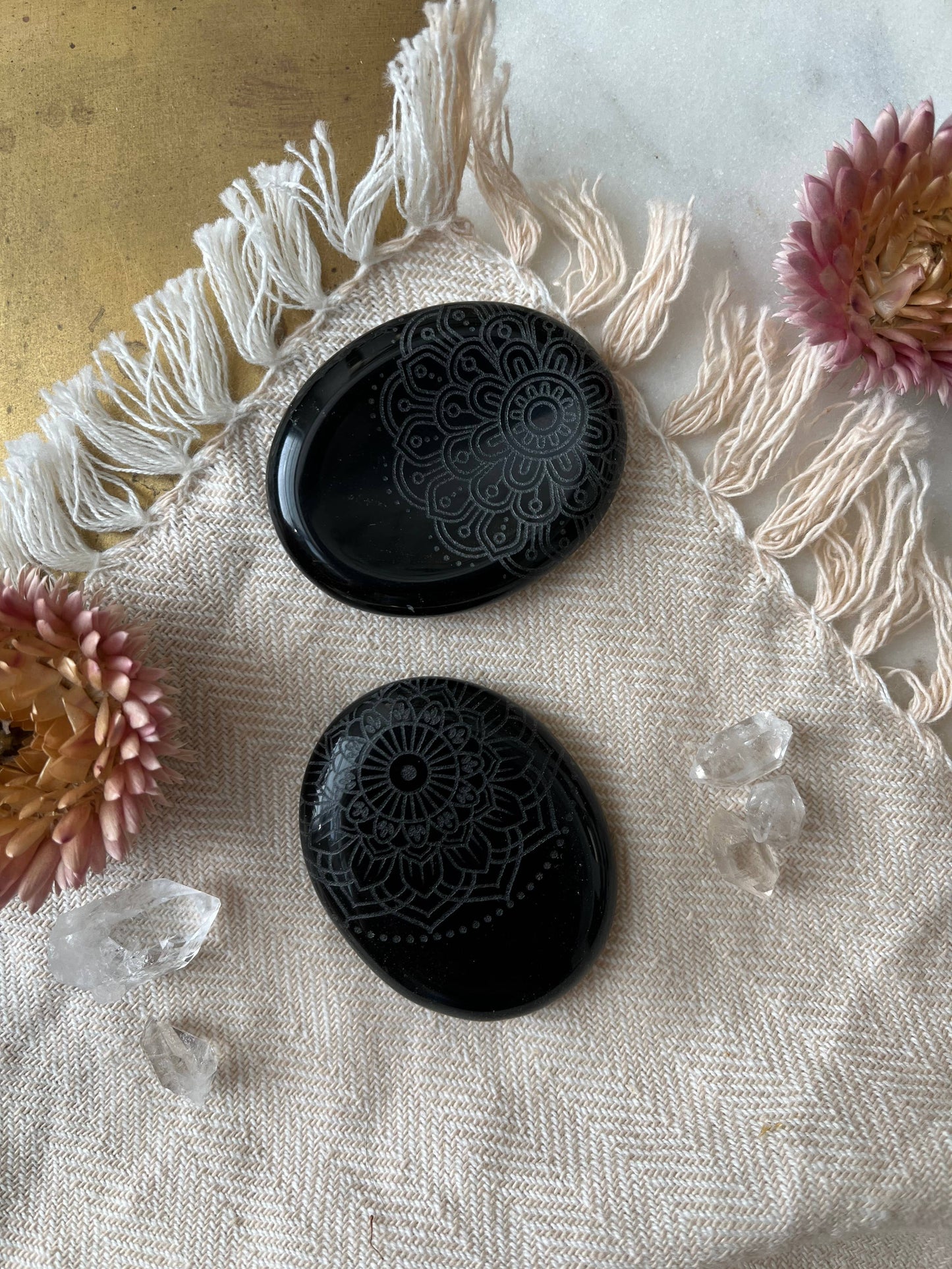 Etched Obsidian Worry Stone - Assorted Mandalas